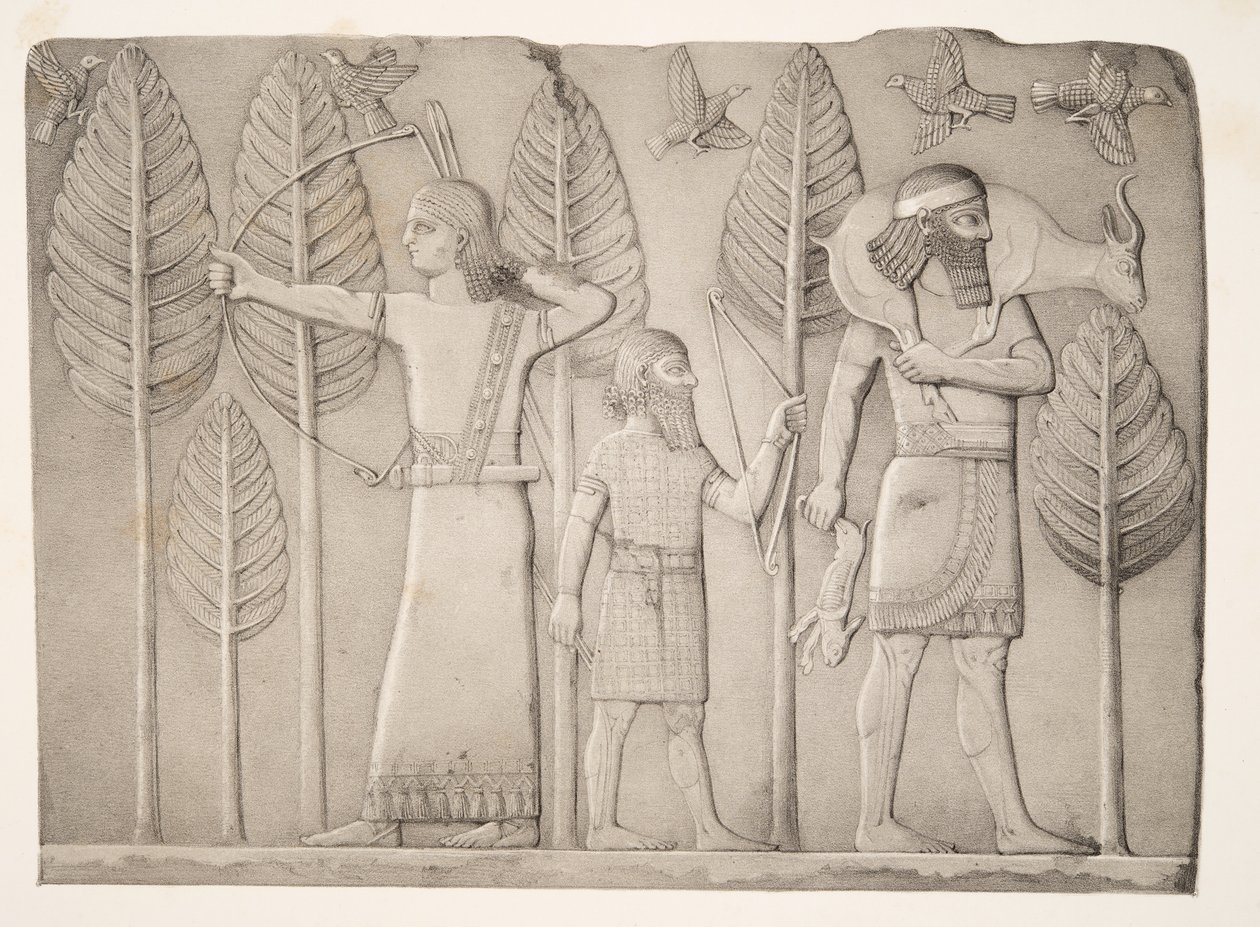صيادون مع الغزال والأرنب البري والطيور (خورس آباد) ، من آثار نينوى ، حانة. 1849 بواسطة أوستن هنري لايارد
