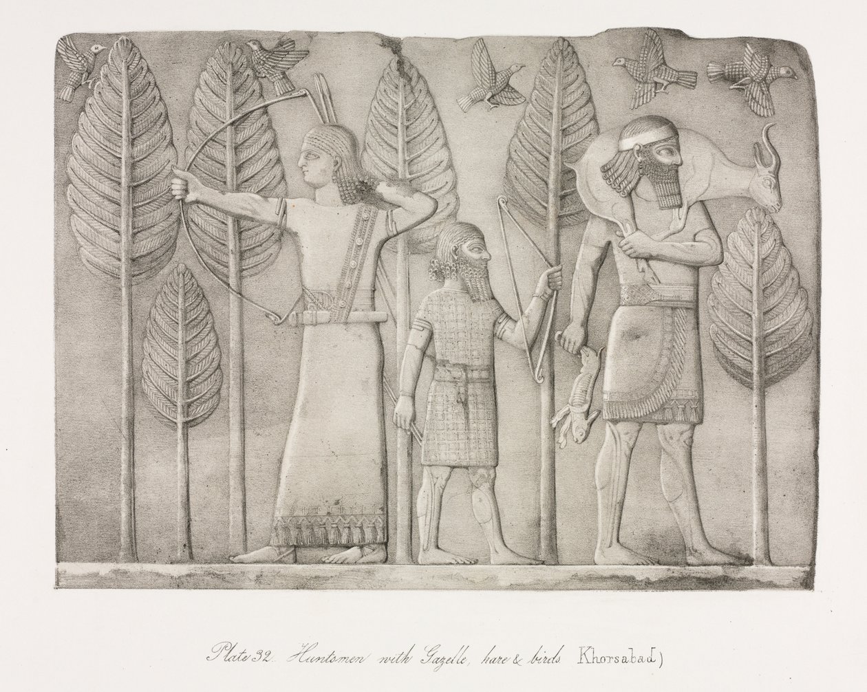 آثار نينوى: اللوحة 32 ، الصيادون مع الغزال ، هير والطيور خورس آباد ، 1853. بواسطة أوستن هنري لايارد