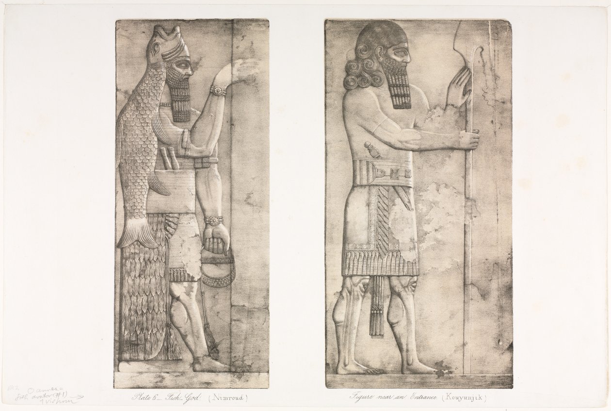 آثار نينوى: اللوحة 6 ، إله الأسماك نمرود ، الشكل بالقرب من مدخل Kouyunjik ، 1853. بواسطة أوستن هنري لايارد