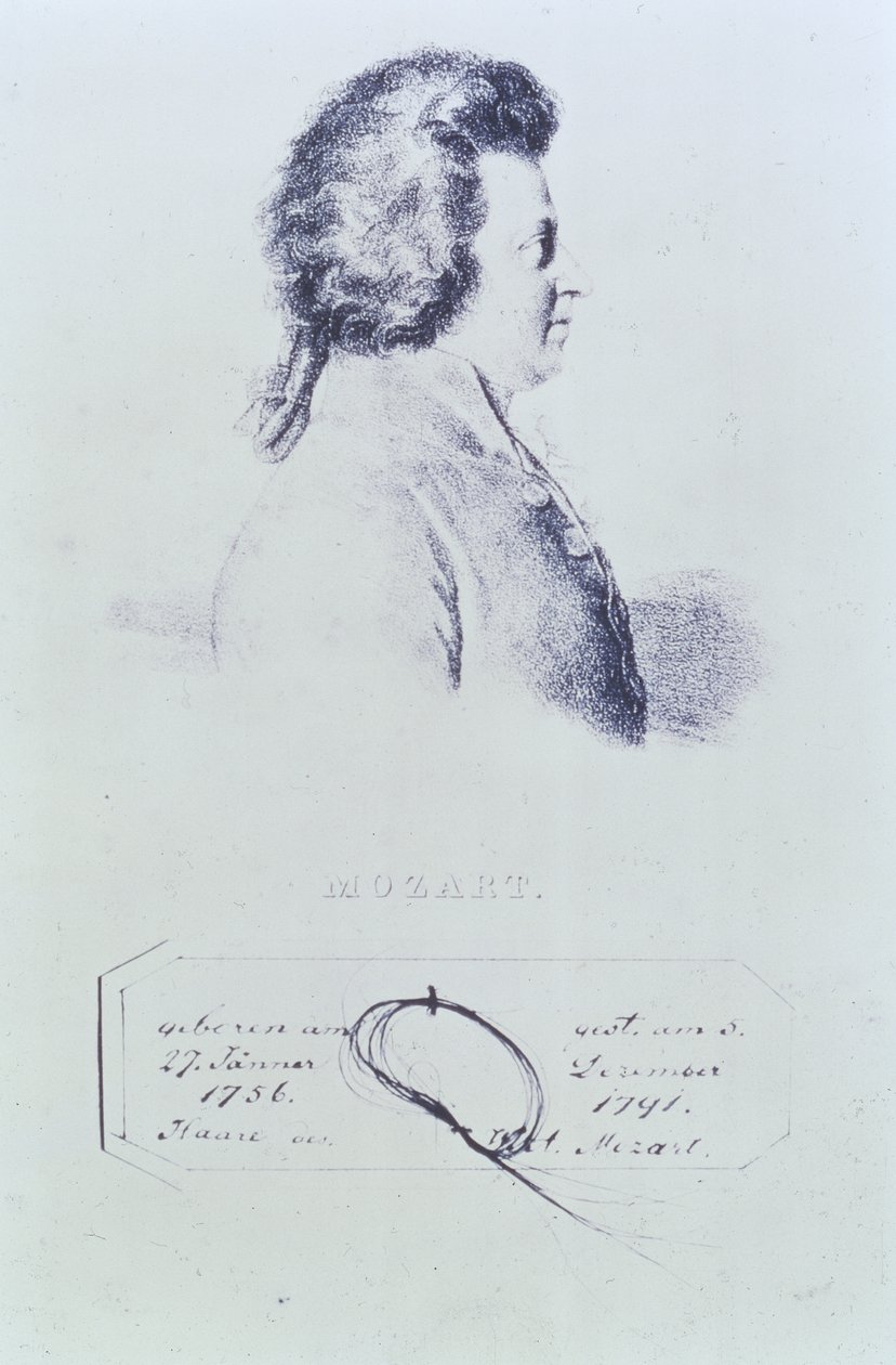 صورة فولفجانج أماديوس موتسارت (1756-1991) بقفل من شعره مرفق بالأسفل بواسطة المدرسة النمساوية