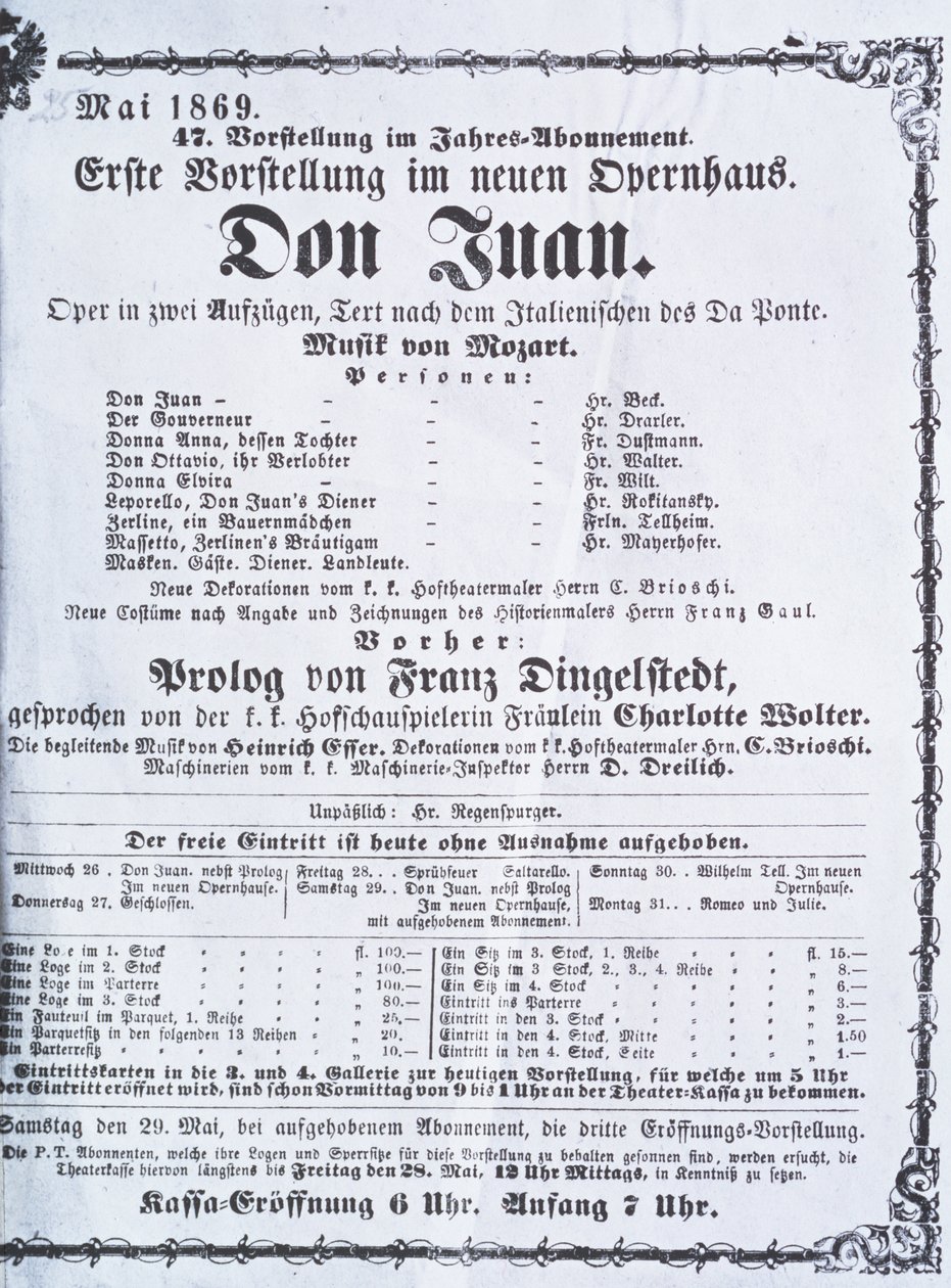 ملصق إعلان أداء `` دون جوان &39;&39; (دون جيوفاني) بقلم فولفجانج أماديوس موتسارت (1756-91) مايو 1869 بواسطة المدرسة النمساوية