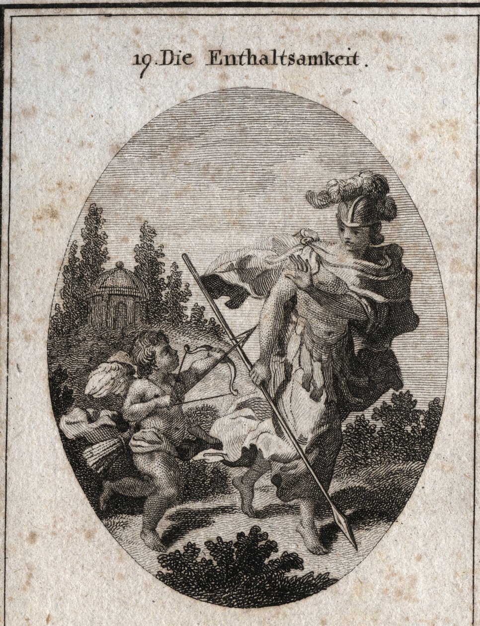 Allegory of continence, heroic virtue represented as a warrior with a helmet and a spear turned towards the earth. She avoids fighting passions (represented by love) and defends herself from their atraits to preserve her chastete. Engraving in “” Iconologi بواسطة المدرسة النمساوية