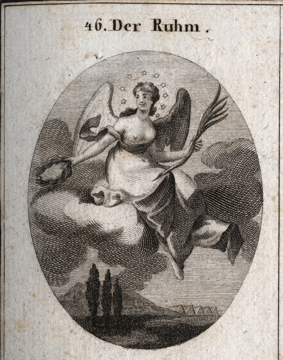 رمزية المجد على سحابة. تحمل نخلة وتقدم أكاليل الغار التي تعوض منها مفضلاتها. أجنحتها تشير إلى ارتفاعها. نقش موضّح في أيقونات "" أو أفكار من عالم المشاعر والرموز بواسطة المدرسة النمساوية