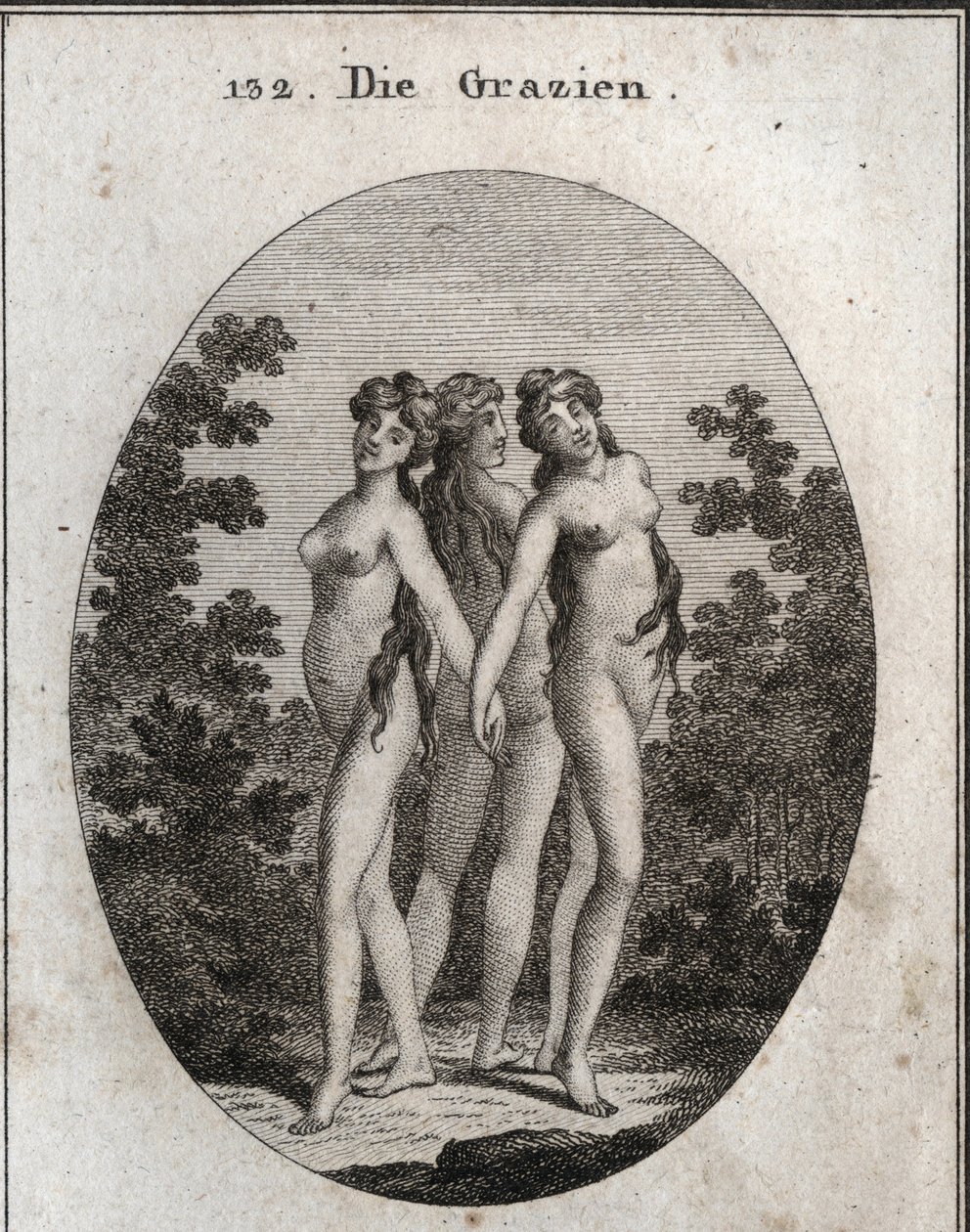 رمزية النعم. النعم الثلاث: Euphrosine للدلالة على الرمز والرضا ، Aglaya يرمز إلى فرض الجمال والبهجة Thalia. النقش في أيقونات "" أو أفكار من عالم المشاعر والرموز الموضحة لزي بواسطة المدرسة النمساوية