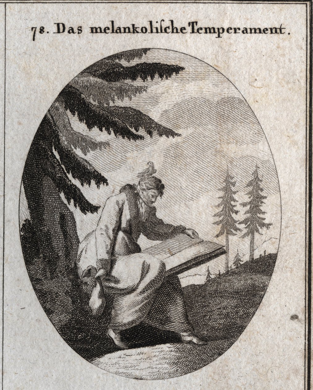 رمزية بشرة حزينة. يحمل كتابًا ومحفظة وفمه مغلق معصوب العينين. طائر يجلس على رأسه. النقش في أيقونات "" أو أفكار من عالم المشاعر والرموز الموضحة للرسامين ، ماه بواسطة المدرسة النمساوية