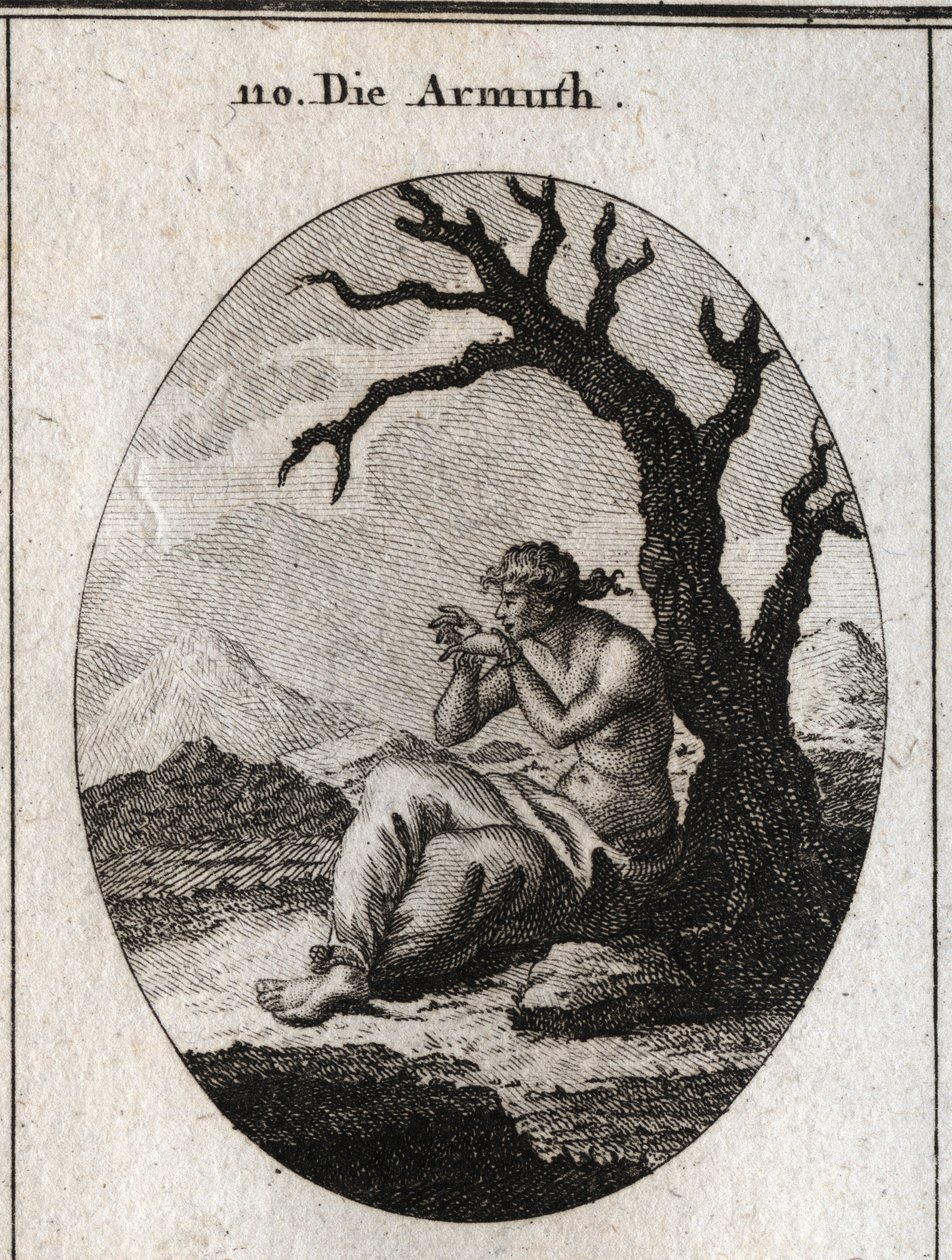 Allegory of poverty sitting at the foot of a dry tree growing in arid terrain. Her feet and hands are tied and she tries to undo her ties with her teeth; Engraving in “Iconologie oder Ideen aus dem Gebiete der Leidenschaften und Allegorien bildich dargeste بواسطة المدرسة النمساوية