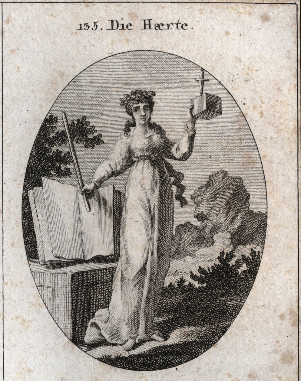 Allegory of severity crowned with an oak branch, attribute of strength. She relies on a book of laws and holds a rod of iron. The cube in which a dagger is slowing desires its closeness and its inflexibility. Engraving in “” Iconologie oder Ideen aus dem G بواسطة المدرسة النمساوية