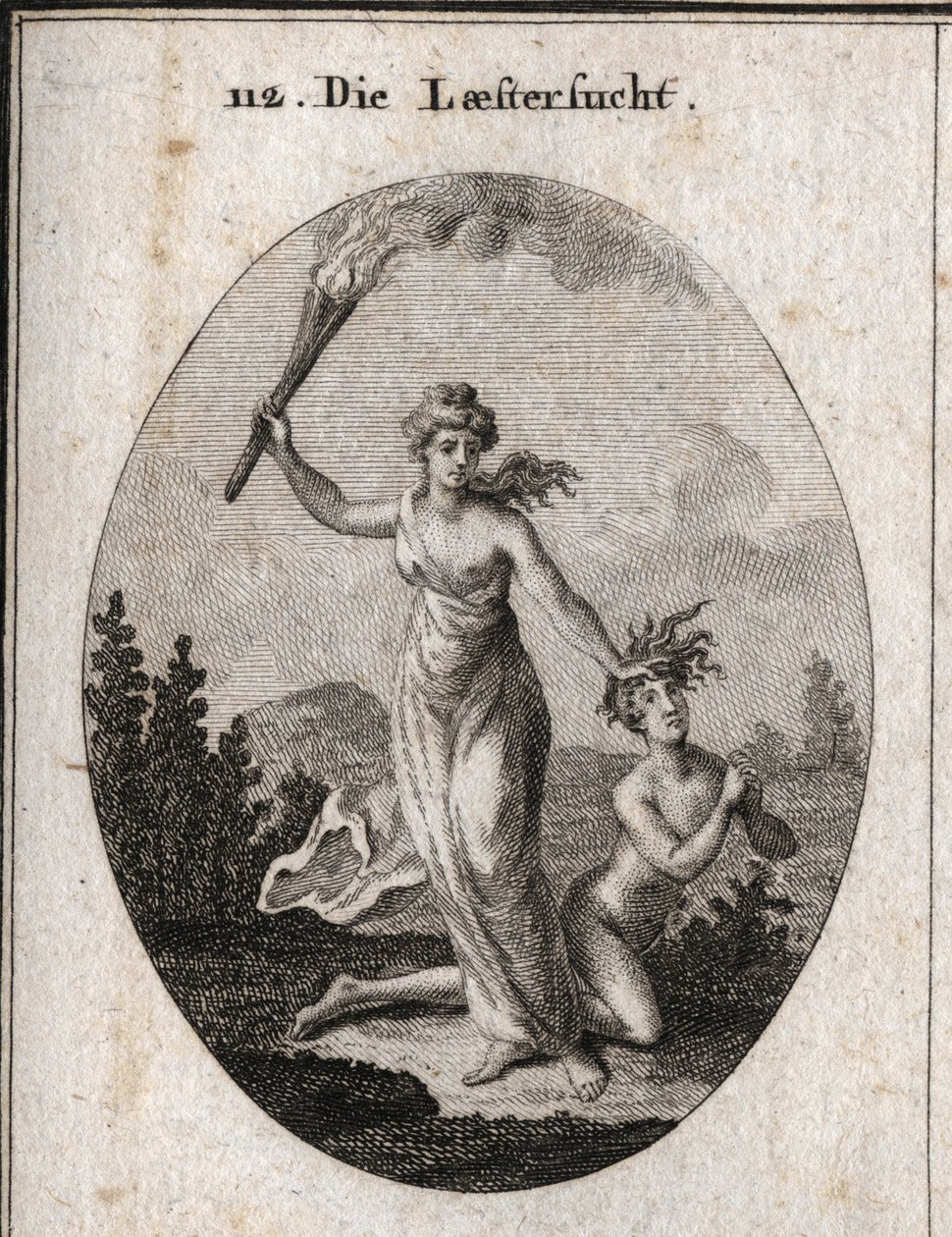 صورة رمزية للافتراء وهو يحمل مصباحًا يدويًا ويسحب بلا رحمة مراهقًا عارياً يتشابك يديه وينظر إلى السماء. النقش في أيقونات "" أو أفكار من مجال المشاعر والرموز الموضحة للرسامين والرسامين والشعراء ، بواسطة المدرسة النمساوية