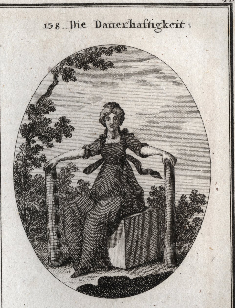 استعارة الثبات يجلس على مكعب رخامي مع اثنين من أكوام النباتات الشاقولية في الأرض. النقش في أيقونات "" أو أفكار من مجال المشاعر والرموز الموضحة للرسامين والرسامين والشعراء والعلماء والمعلمين والأصدقاء بواسطة المدرسة النمساوية