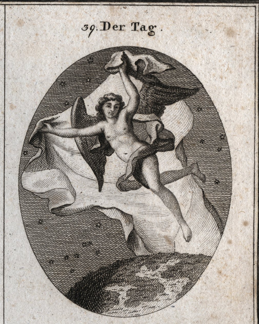 Allegory of the day flying quickly and hiding the night and the stars using a bright large veil. Engraving in “” Iconologie oder Ideen aus dem Gebiete der Leidenschaften und Allegorien bildich dargestellt fur Zeichner, Mahler, Dichter, Gelehrte, Erzieher u بواسطة المدرسة النمساوية