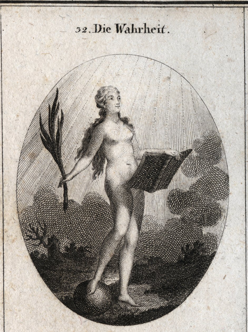 Allegory of the truth represented naked without artifice and natural looks at the light of the sun. The palm symbolizes the triumph of fraud and the book represents study. Engraving in “” Iconologie oder Ideen aus dem Gebiete der Leidenschaften und Allegor بواسطة المدرسة النمساوية