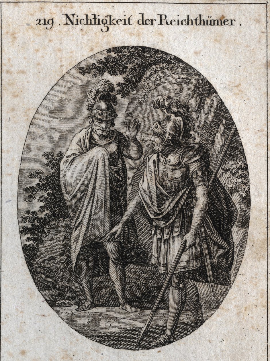 رمزا لغرور الثروات: يتتبع الإمبراطور قسطنطين العظيم على الأرض برمحه جسمًا بشريًا ويقول "" إذا جئت لتكتسب كل ثروات العالم ، في النهاية ، لن يتبقى سوى هذا الفضاء ، إذا كان كذلك الممنوحة لك. النقش في بواسطة المدرسة النمساوية