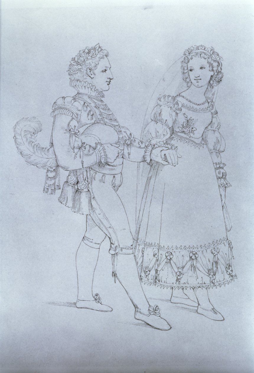 تصميمات أزياء لفيغارو وسوزانا من أوبرا "زواج فيغارو" لفولفجانج أماديوس موتسارت (1756-91) (نقش) بواسطة المدرسة النمساوية