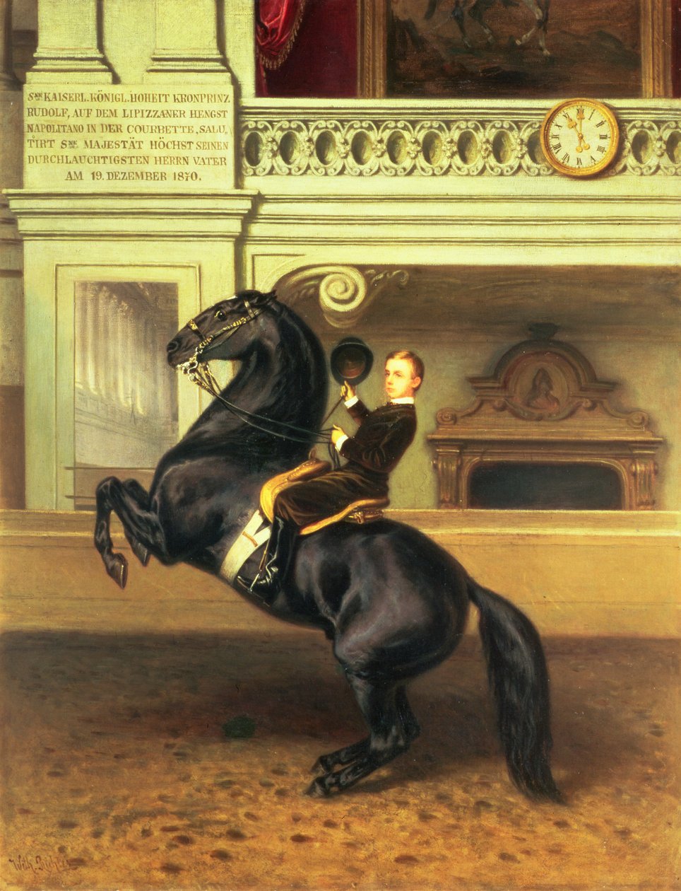 ولي عهد النمسا رودولف (1858-1889) على ظهور الخيل في مدرسة هوفبورغ للفروسية الشتوية ، فيينا ، 1870 بواسطة المدرسة النمساوية