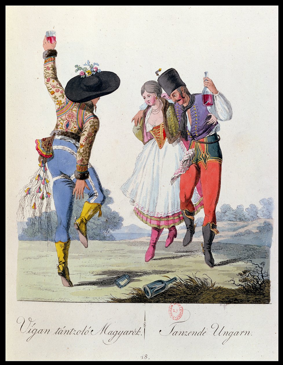 الراقصون المجريون في الزي التقليدي ، التوضيح من كتاب Costumes de Pannonie بواسطة JH de Bikkesy ، نُشر في فيينا ، 1810 (نقش الألوان) بواسطة المدرسة النمساوية
