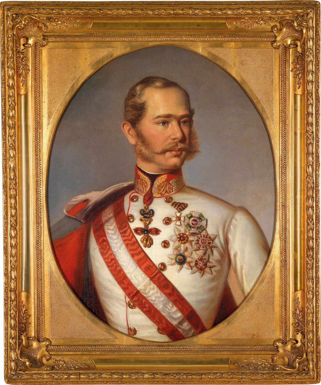 صورة لفرانسوا جوزيف الأول ملك النمسا (1830-1916). لديه وسام من الصوف الذهبي. لوحة مجهولة ، زيت على قماش ، حوالي عام 1855. الفن النمساوي بواسطة المدرسة النمساوية