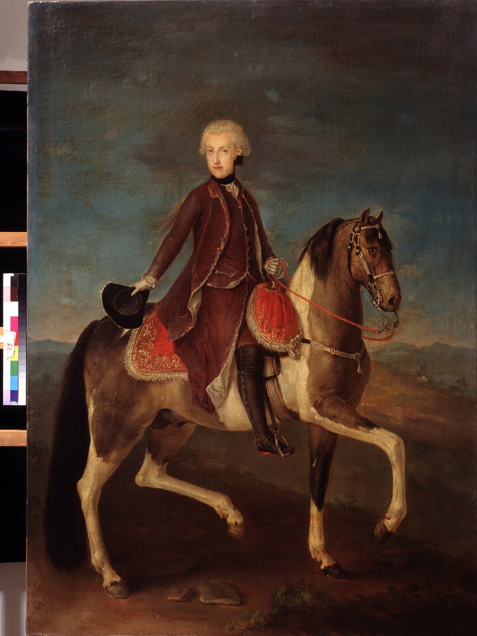صورة الفروسية للإمبراطورة ماريا تيريزا من هابسبورغ بالنمسا (1717-1780). لوحة للمدرسة النمساوية بين 1740 و 1750 (القرن الثامن عشر). النمط الكلاسيكي. زيت على قماش. متحف بوشكين ، موسكو. بواسطة المدرسة النمساوية