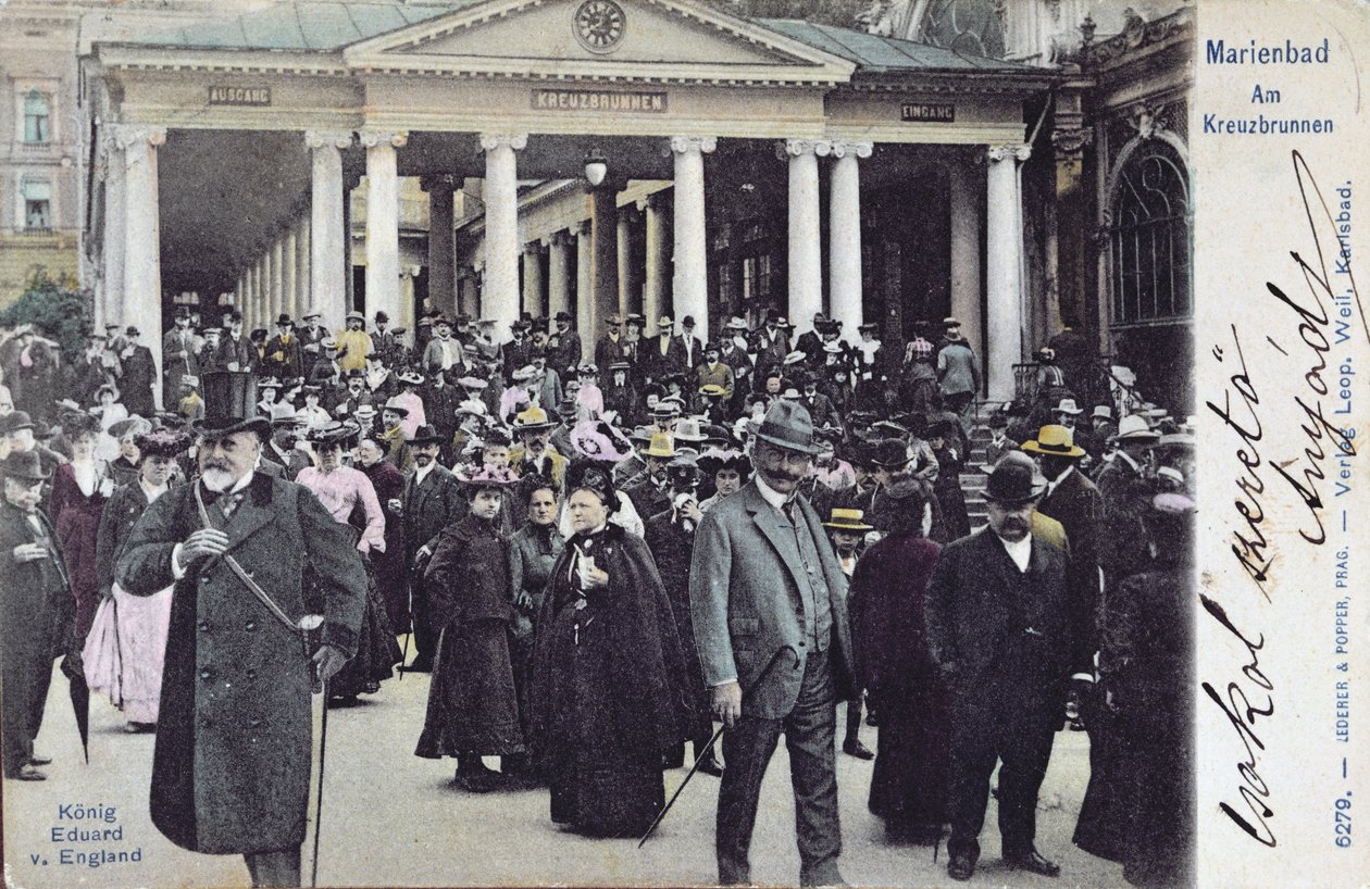 بطاقة بريدية تصور الملك إدوارد السابع (1841-1910) يزور منتجع مارينباد ، حوالي 1905 بواسطة المدرسة النمساوية