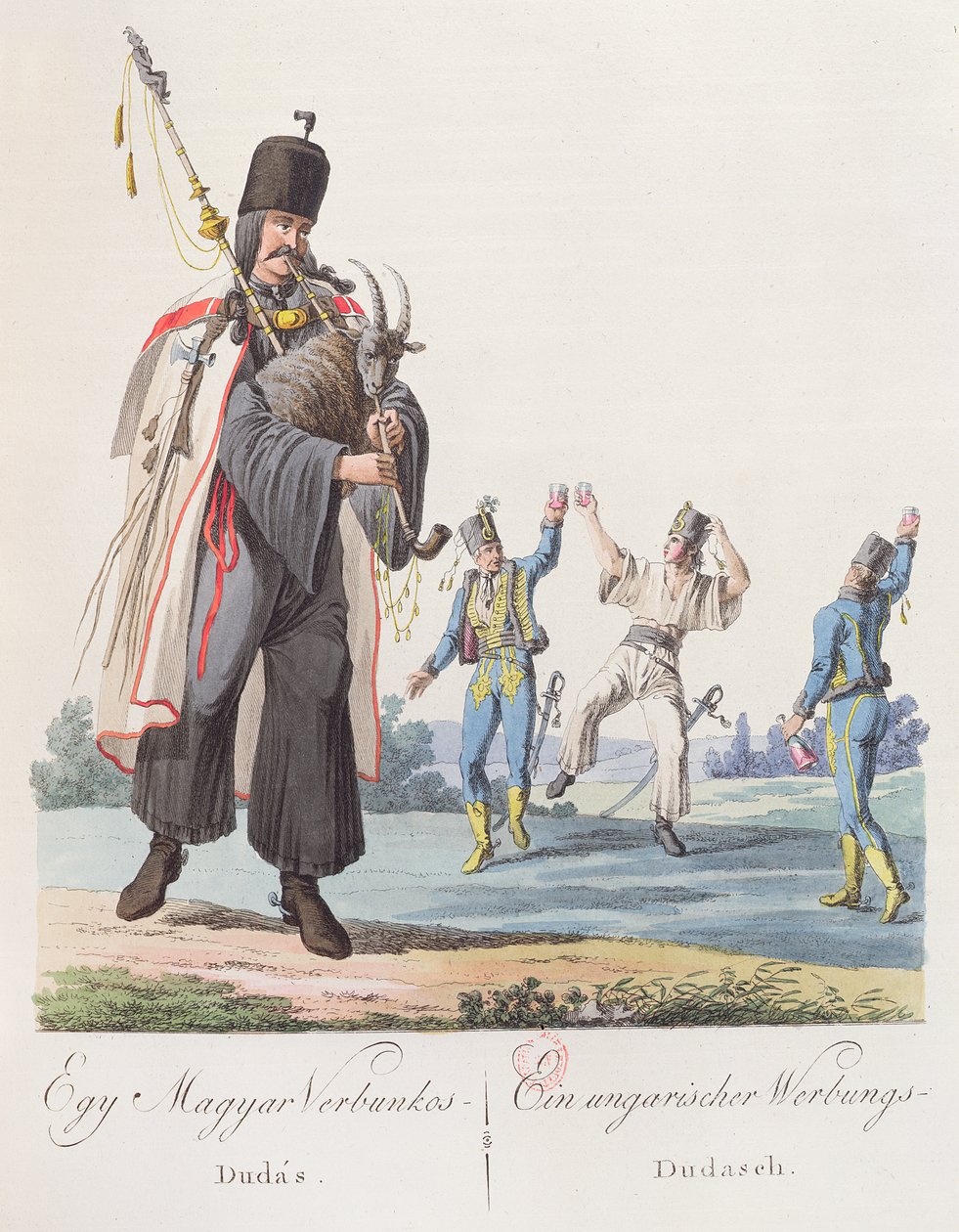 جنود فوج مجري يؤدون رقصة تجنيد ، توضيح من كتاب Costumes de Hongrie ، نُشر في فيينا ، 1810 بواسطة المدرسة النمساوية