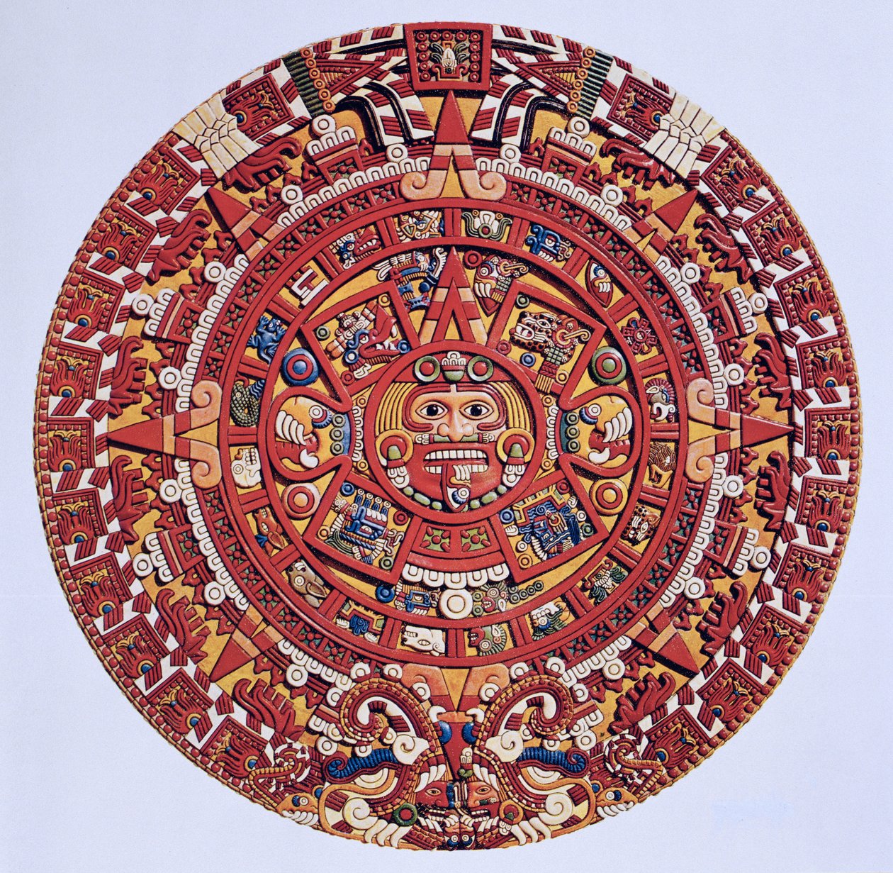 استجمام خيالي لتقويم حجر الشمس من Aztec (انظر أيضًا 115255) ، الفترة المتأخرة من العصر الكلاسيكي (الطباعة الحجرية) بواسطة ازتيك