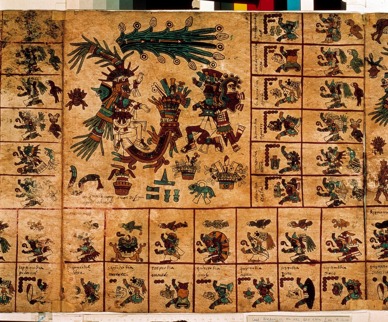 تمثيل آلهة الأزتك والمربعات المقابلة للتقويم. صفحة من مخطوطة الأزتك على اللحاء "Codex Borbonicus" "، مخطوطة السكان الأصليين قبل الكولومبية بوسط المكسيك ، أواخر القرن الخامس عشر. مكتبة الجمعية الوطنية (قصر بوربون). بواسطة ازتيك