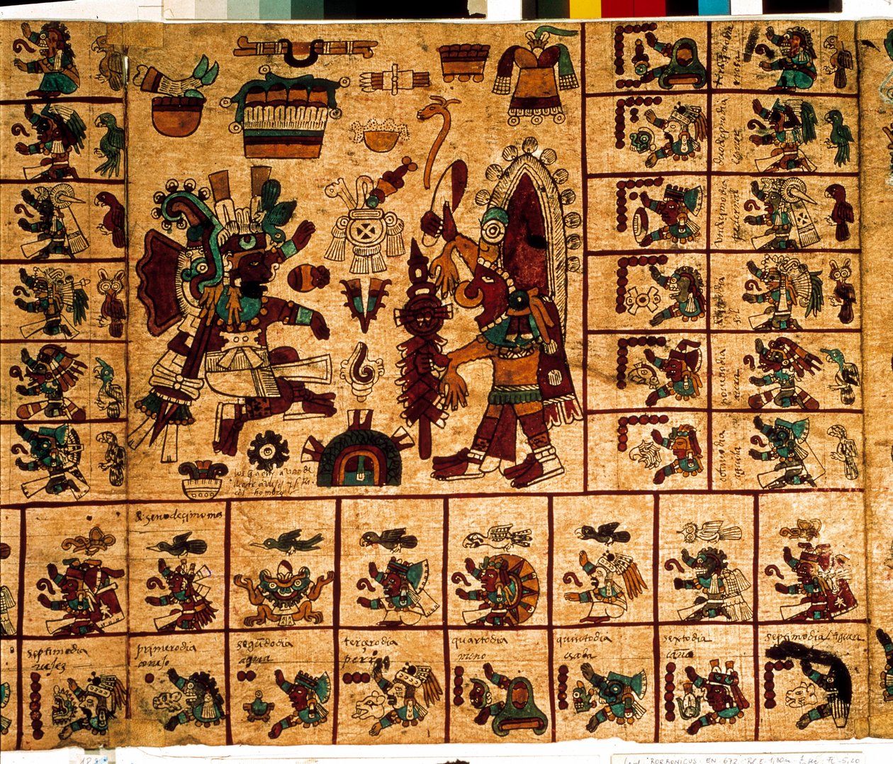 تمثيل آلهة الأزتك والمربعات المقابلة للتقويم. صفحة من مخطوطة الأزتك على اللحاء "Codex Borbonicus" "، مخطوطة السكان الأصليين قبل الكولومبية بوسط المكسيك ، أواخر القرن الخامس عشر. مكتبة الجمعية الوطنية (قصر بوربون). بواسطة ازتيك