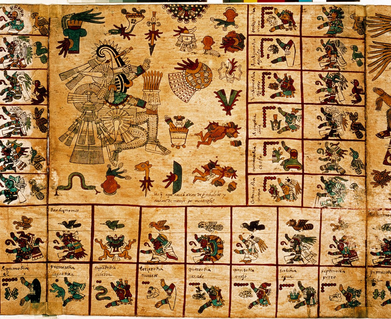 تمثيل آلهة الأزتك والمربعات المقابلة للتقويم. صفحة من مخطوطة الأزتك على اللحاء "Codex Borbonicus" "، مخطوطة السكان الأصليين قبل الكولومبية بوسط المكسيك ، أواخر القرن الخامس عشر. مكتبة الجمعية الوطنية (قصر بوربون). بواسطة ازتيك