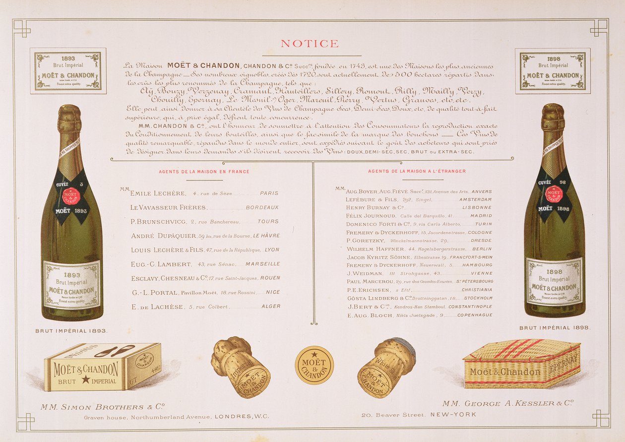 وكلاء في جميع أنحاء العالم وعينات من التعبئة والتغليف ، من Le France Vinicole ، حانة. من Moet & Chandon ، Epernay بواسطة أرنود