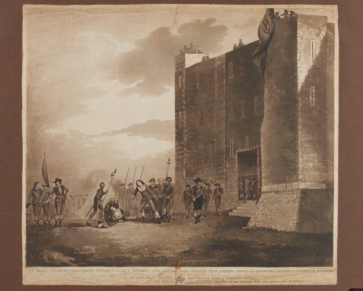 وفاة السير تشارلز لوكوس (c.1612-1648) ، السير جورج ليزلي (ت 1648) ، 28 أغسطس 1648 ، نقشها F. Jukes ، نشر في 1748 (aquatint الملونة) بواسطة B. Strutt