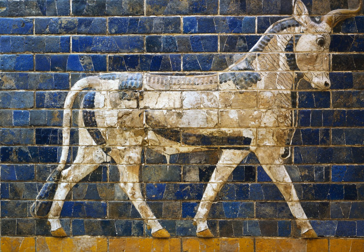 ثور ، تفاصيل من القرميد المزجج يصور حيوانات أسطورية تزين طريق الموكب إلى بوابة عشتار في بابل في عهد نبوخذ نصر الثاني (604-562 قبل الميلاد). الحضارة البابلية في القرنين السابع والسادس قبل الميلاد. بواسطة البابلية