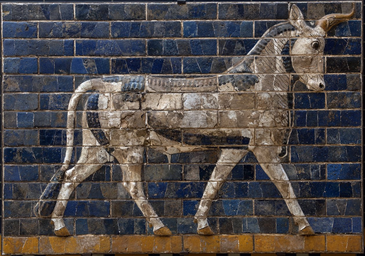 ثور مقدس - نقوش من الطوب المينا من بوابة عشتار - بابل - 604-562 قبل الميلاد - فترة نبوخذ نصر المتحف الأثري اسطنبول - ثور ، تفاصيل من بلاط القرميد المزجج يصور حيوانات أسطورية تزين طريق الموكب إلى عشتار غا بواسطة البابلية