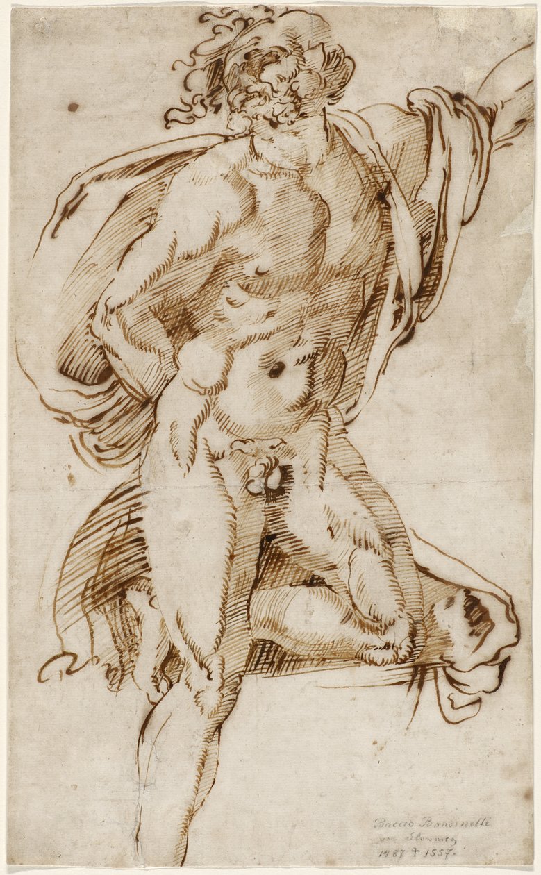ذكر عاري يتكئ على ركبة واحدة في وضعية كونترابوستو (دراسة تتعلق بـ Laocoön) ، c.1520-25 (حبر قلم جاف وحديدي على ورق مسدود) بواسطة باكيو باندينيلي