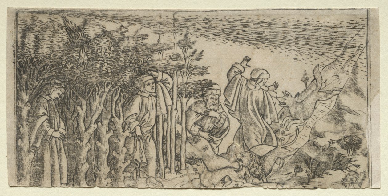 دانتي لوست إن ذا وود: الهروب والاجتماع فيرجيل ، كانتو الأول ، 1481. بواسطة باتشيو بالديني