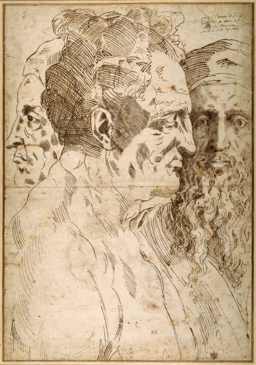 Three male heads juxtaposed (pen & brown ink and black chalk on paper) بواسطة باكيو باندينيلي