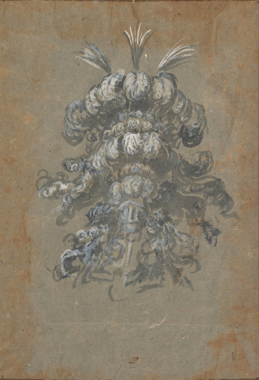 تصميم لغطاء رأس فخم مع ريش على منظر أمامي للخوذة ، كاليفورنيا. 1620 - 56. بواسطة باشيو ديل بيانكو