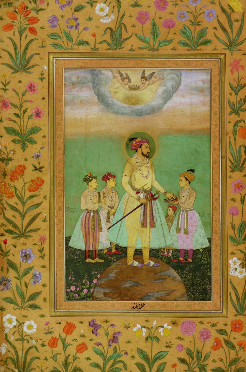 شاه جهان (1592-1666) يقف على كرة كبيرة محاطة بأولاده الأربعة من ألبوم مينتو بواسطة بالكاند