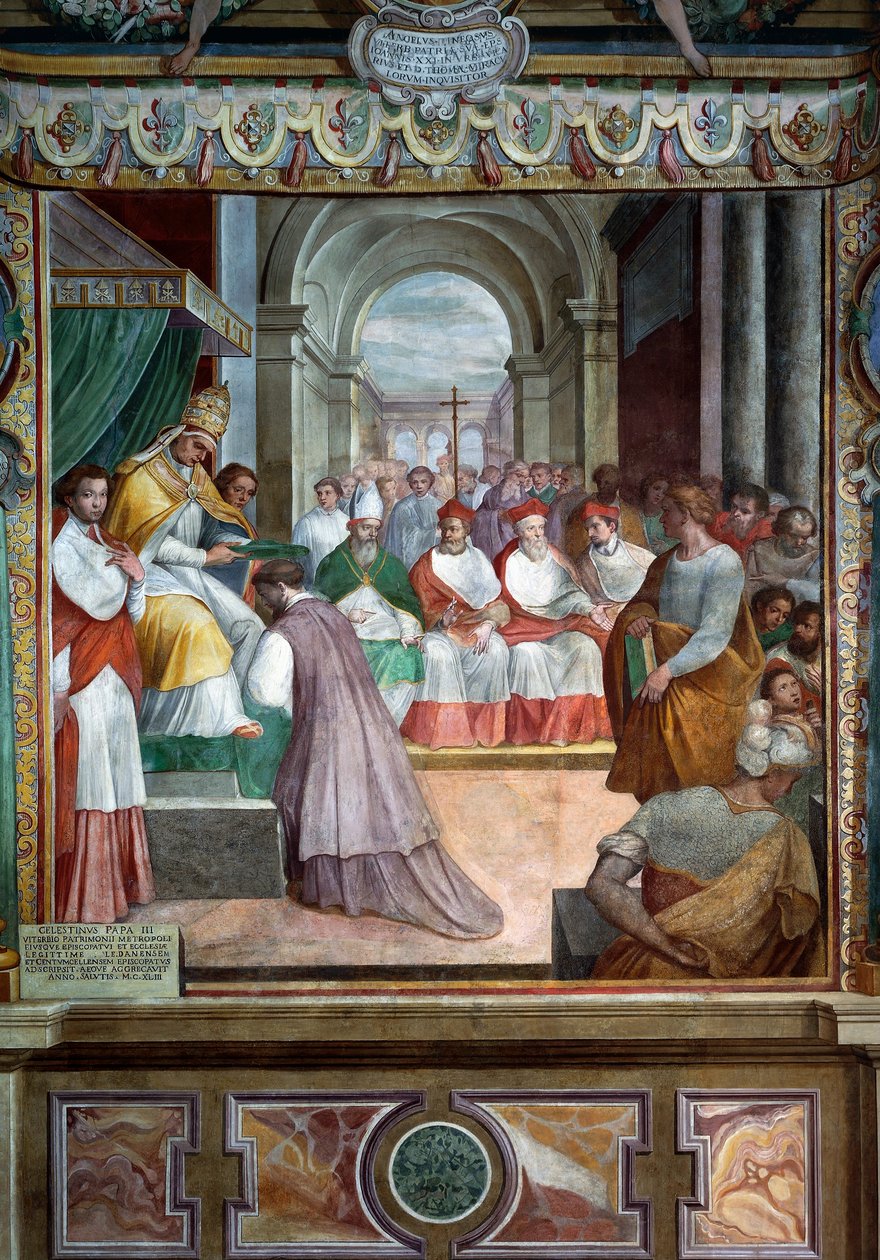 سلستين الثالث يكرس أول أسقف فيتربو في عام 1192 ، تفاصيل اللوحات الجدارية من قبل Baldassare Croce بواسطة بالداسار كروس