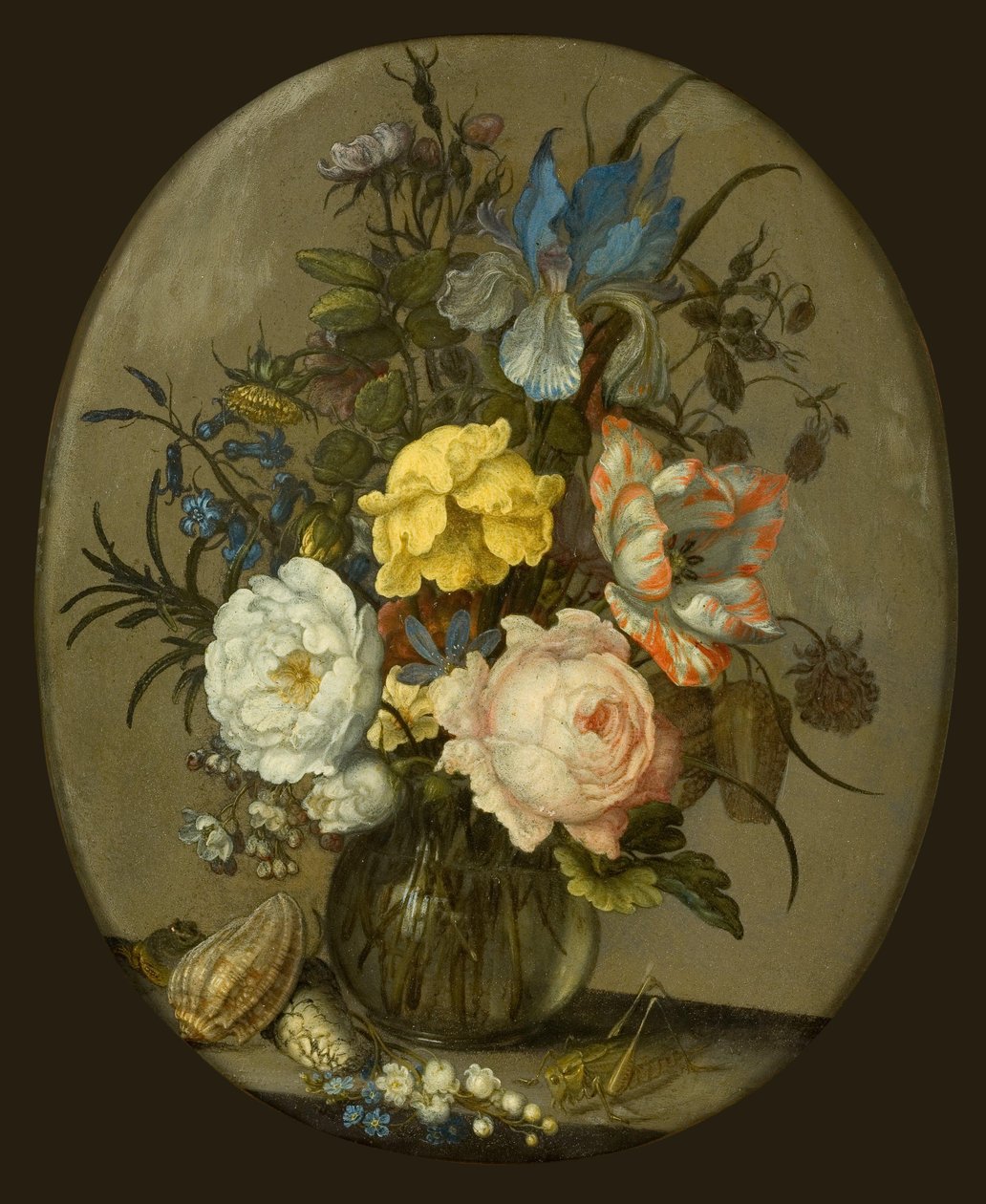 الزهور في إناء زجاجي بجانب القذائف والحشرة بواسطة Balthasar van der Ast