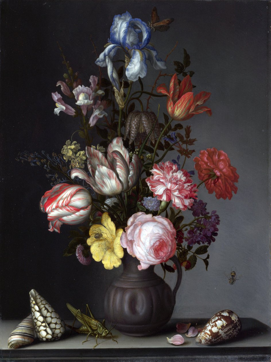 الزهور في إناء بأصداف وحشرات بواسطة Balthasar van der Ast