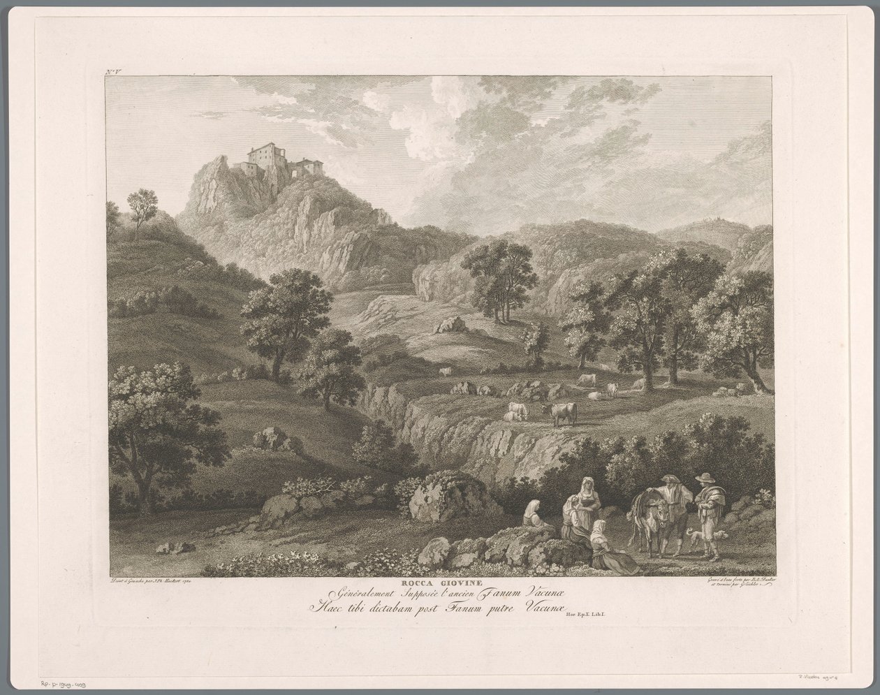 منظر لروكاجيوفين روكا جيوفين (العنوان على الكائن) Suite de VI vues des Environs de Rome (...) (عنوان السلسلة) بواسطة بالتازار انطون دنكر