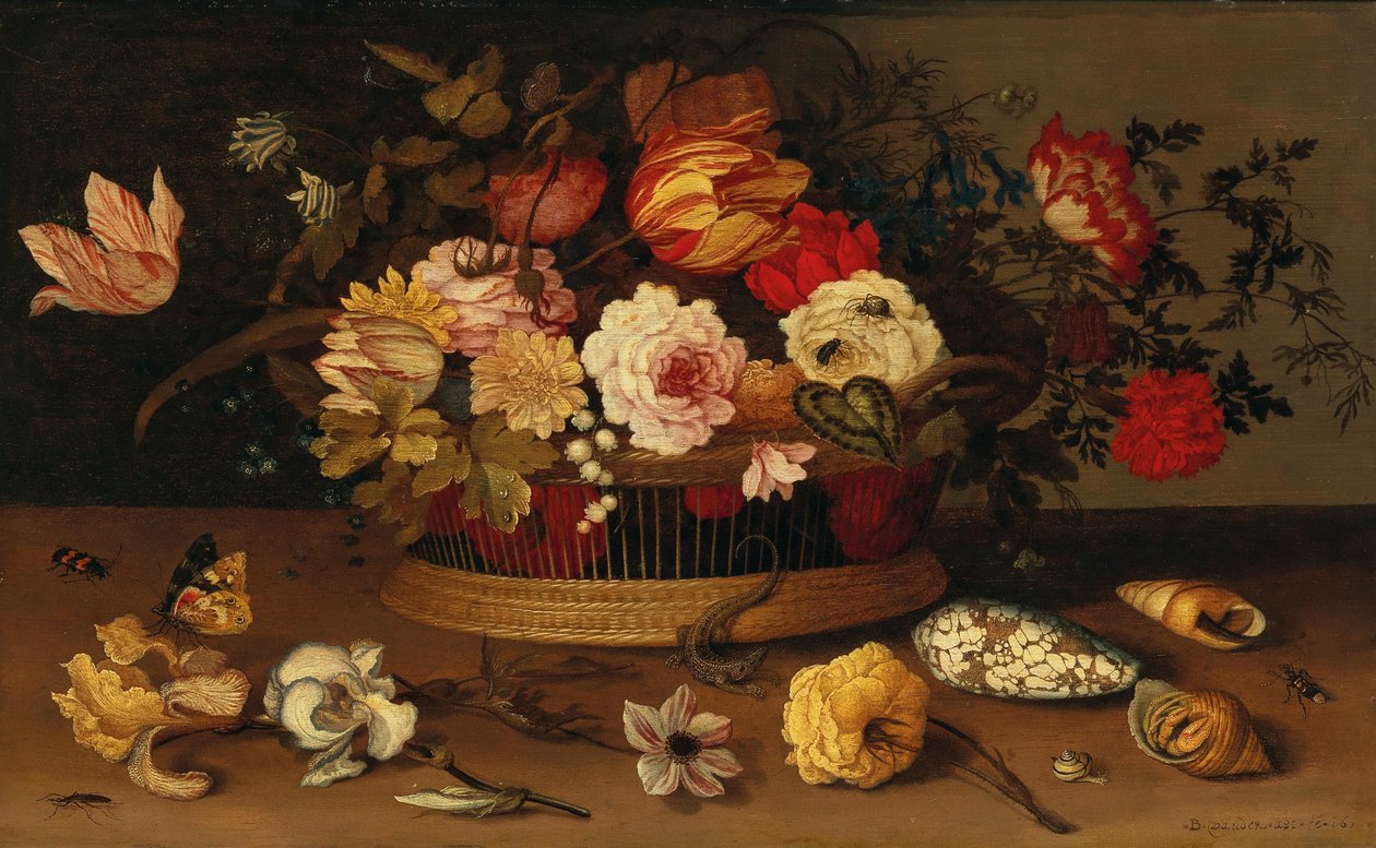 سلة خوص عليها أزهار وقذائف على حافة حجرية. بواسطة Balthasar van der Ast