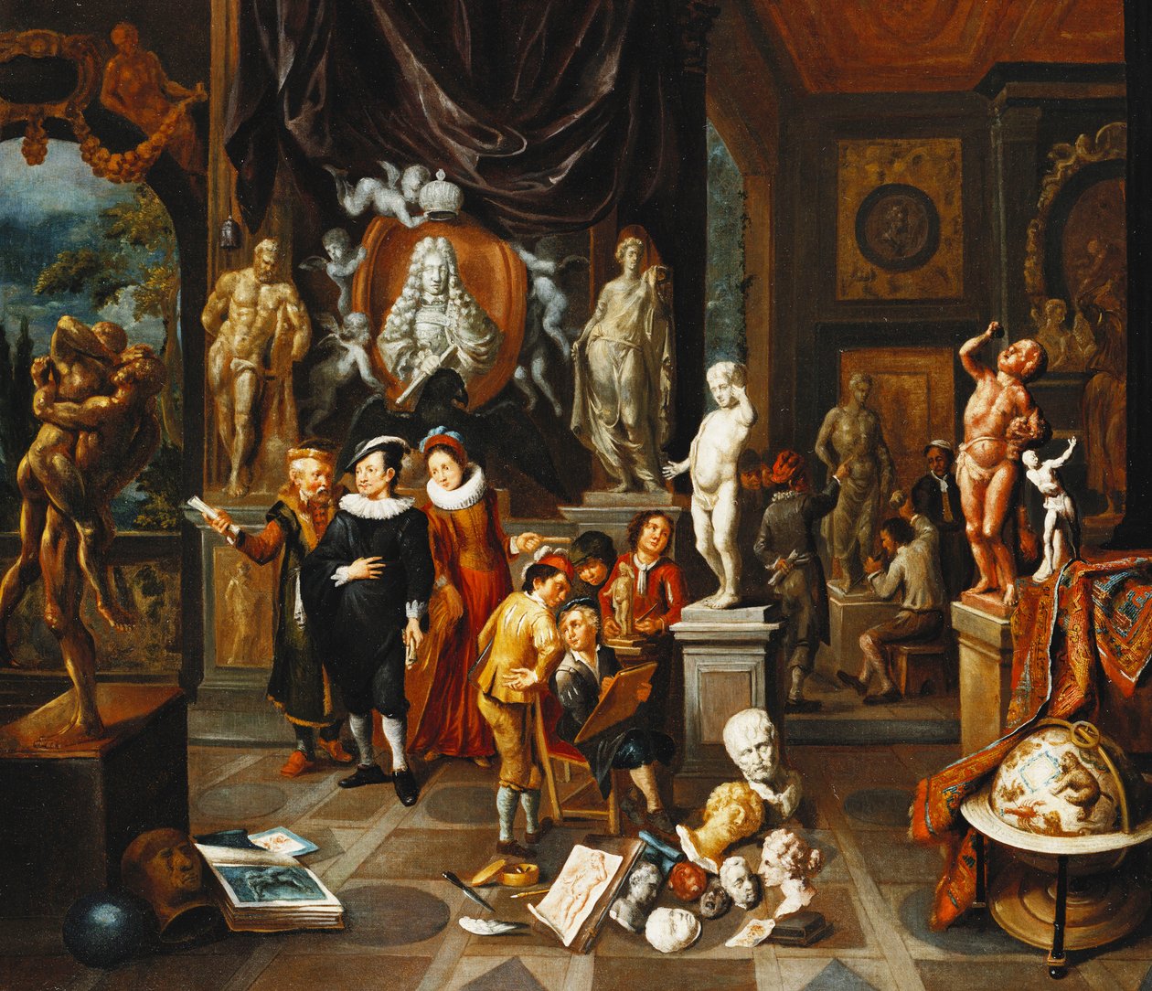 زوجان أنيقان يزوران معرضًا للنحت ، مع رسم فنان ونحات في العمل بعد ذلك ، بواسطة Balthasar van den Bossche