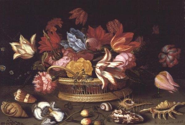 سلة زهور مع أصداف على حافة (لوحة زيتية) بواسطة Balthasar van der Ast