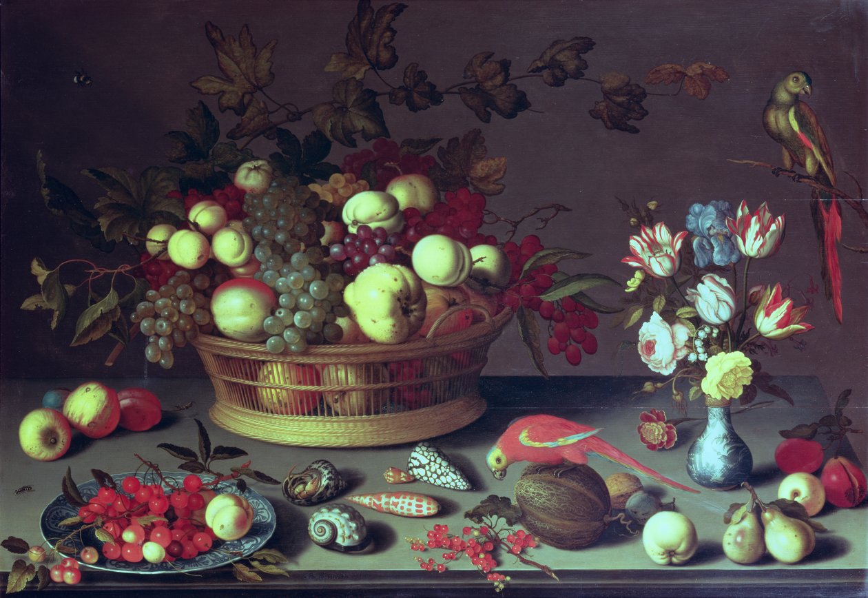 سلة عنب وفاكهة أخرى (زيت على لوح) بواسطة Balthasar van der Ast