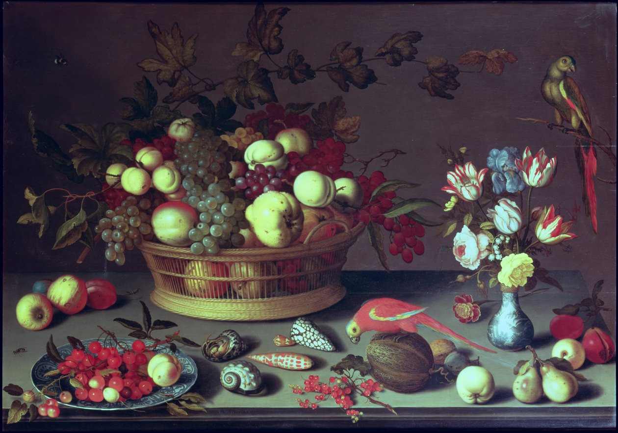 سلة من العنب والفاكهة الأخرى بواسطة Balthasar van der Ast