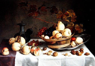 حياة ساكنة لسفائر في سلة وفواكه وأشياء أخرى (زيت على لوح) بواسطة Balthasar van der Ast