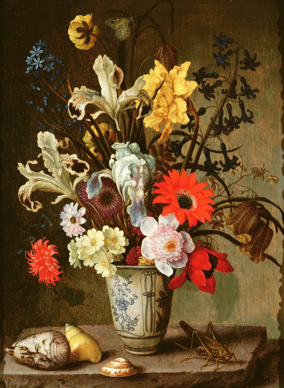 دراسة الأزهار مع دورق وجندب وأصداف (زيت على لوح) بواسطة Balthasar van der Ast