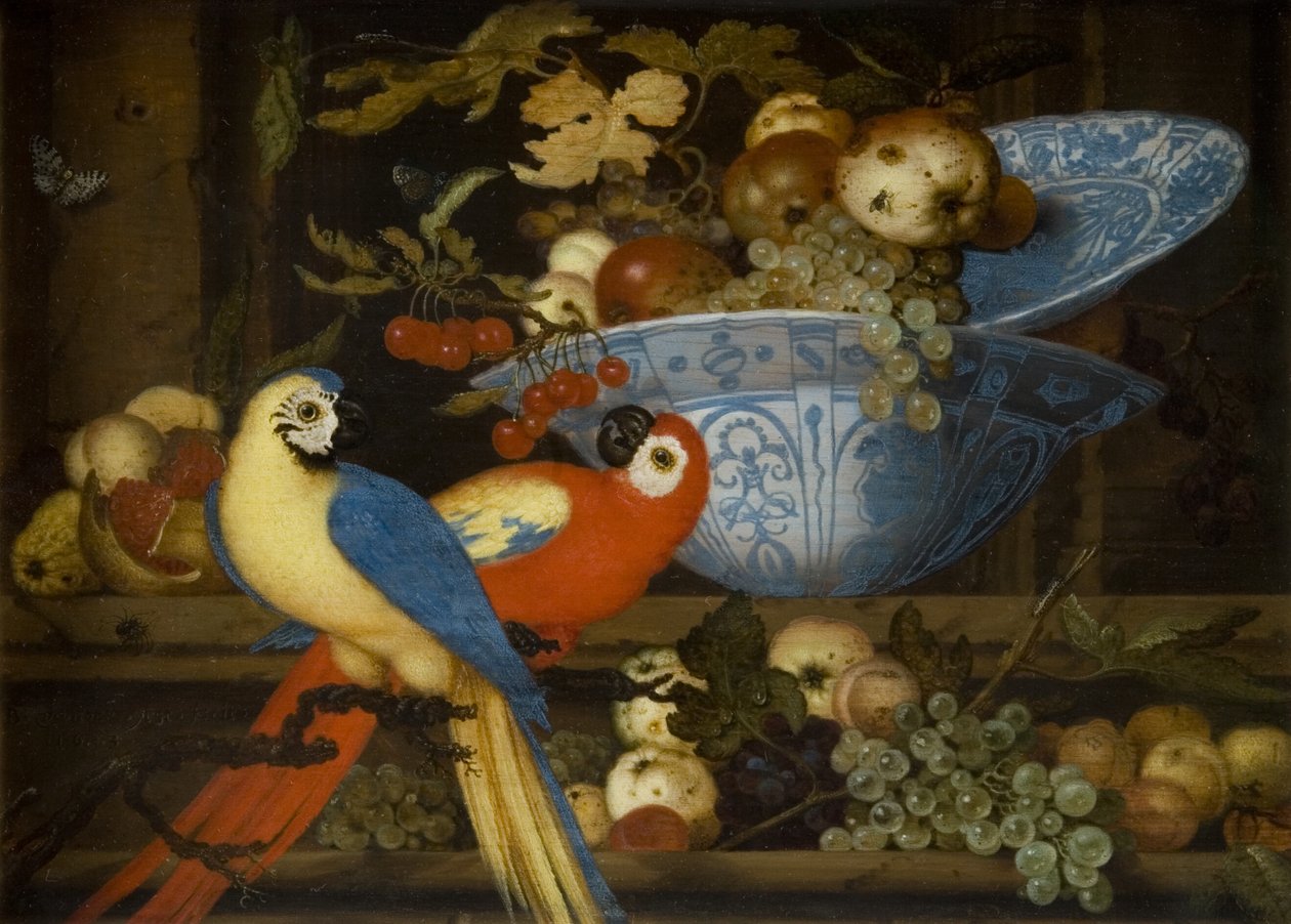 الفاكهة لا تزال الحياة مع اثنين من الببغاوات بواسطة Balthasar van der Ast