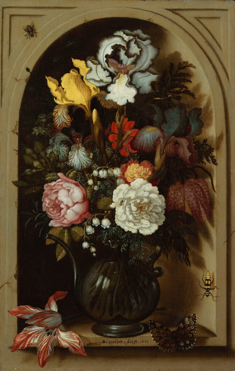 القزحيات والورود وزنبق الوادي وزهور أخرى في إناء زجاجي في المِشْكاة ، 1621 بواسطة Balthasar van der Ast