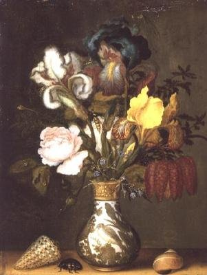 قزحية ، ورود وأزهار أخرى في إناء خزفي به أصداف بواسطة Balthasar van der Ast
